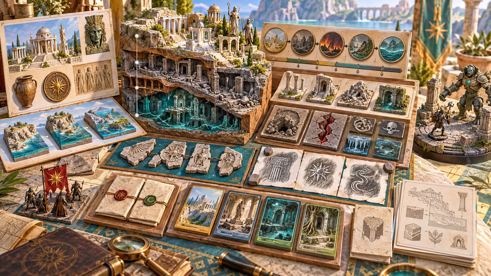 Illustration of a layered ruin model history timeline relic fragments inscription rubbings site cards and a guardian scene