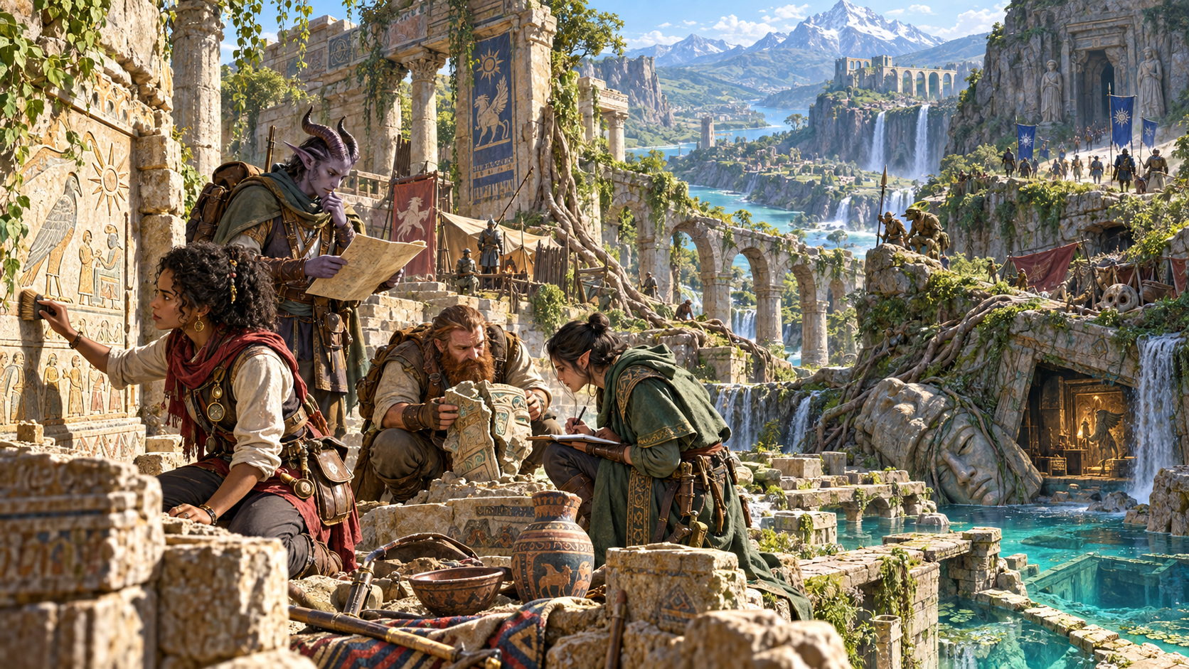 Illustration of explorers examining inscriptions and fragments among layered ruins camps and occupants